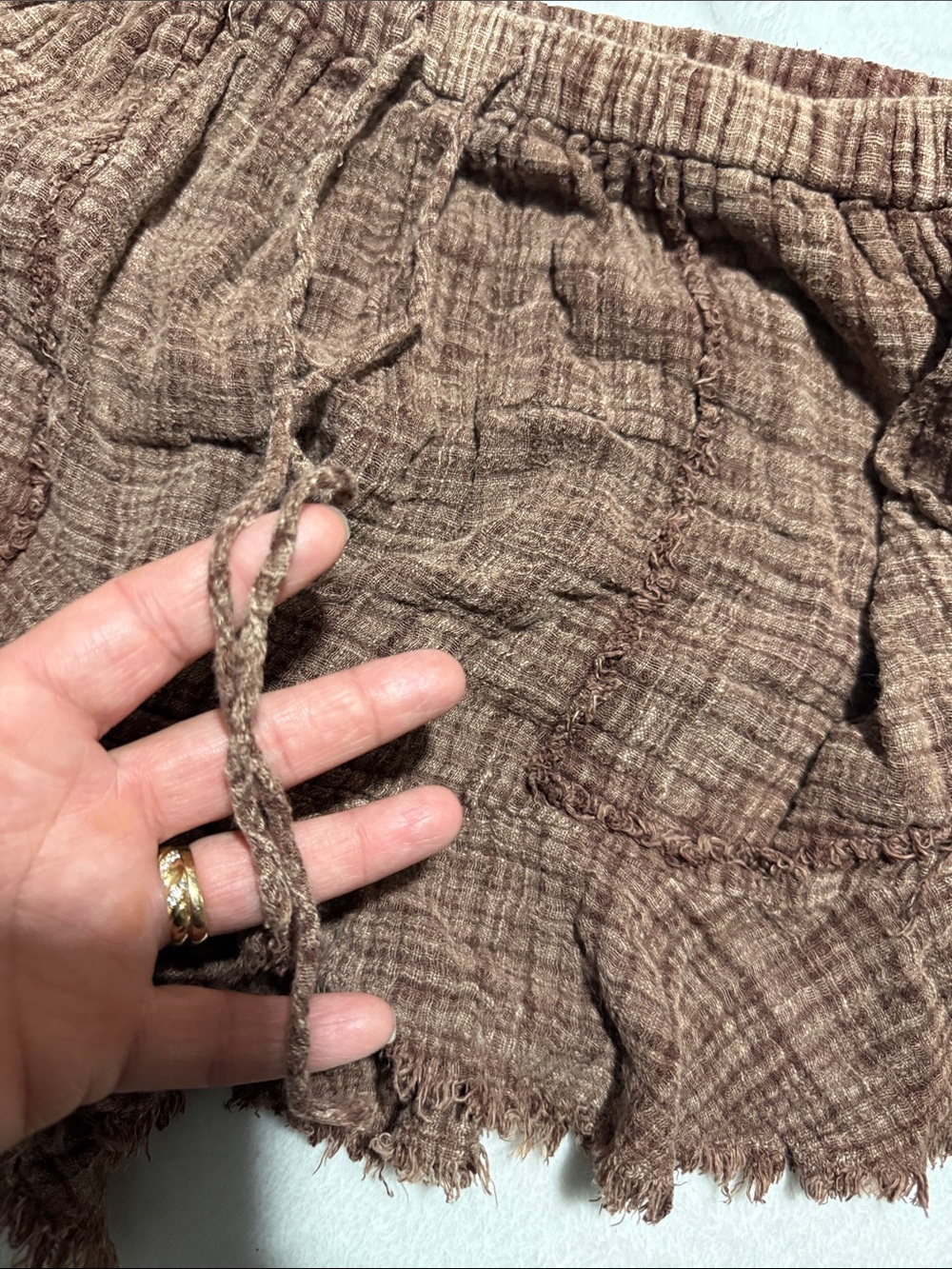 High-Waist Brown Textured Ruffle-Hem Shorts - Picture 6 of 10